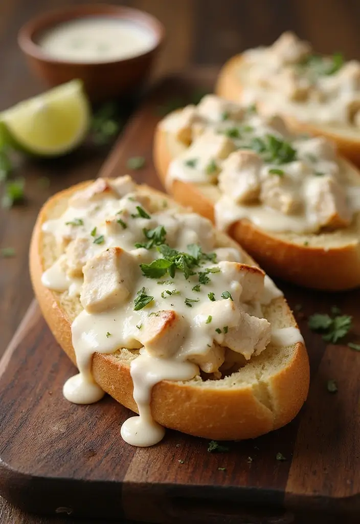 27 Chicken Bacon Ranch Stuffed Bread Recipes That Are Melty Goodness - 20. Creamy Alfredo Chicken Bacon Ranch Stuffed Bread