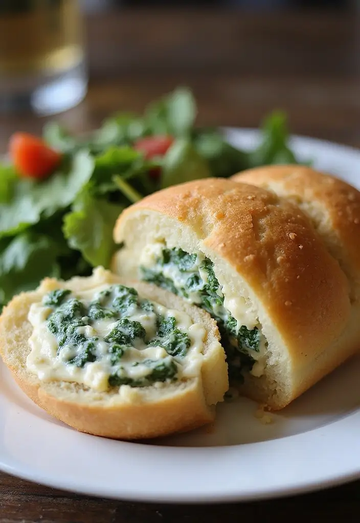 27 Chicken Bacon Ranch Stuffed Bread Recipes That Are Melty Goodness - 25. Creamy Spinach Chicken Bacon Ranch Stuffed Bread