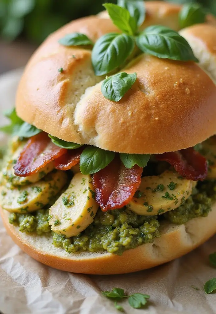 27 Chicken Bacon Ranch Stuffed Bread Recipes That Are Melty Goodness - 4. Pesto Chicken Bacon Ranch Stuffed Bread