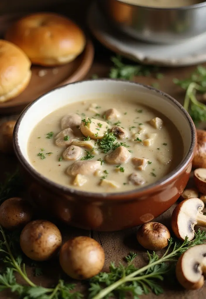 27 Easy Chicken Pot Pie Soup Recipes That Feel Comforting - 2. Creamy Mushroom Chicken Pot Pie Soup