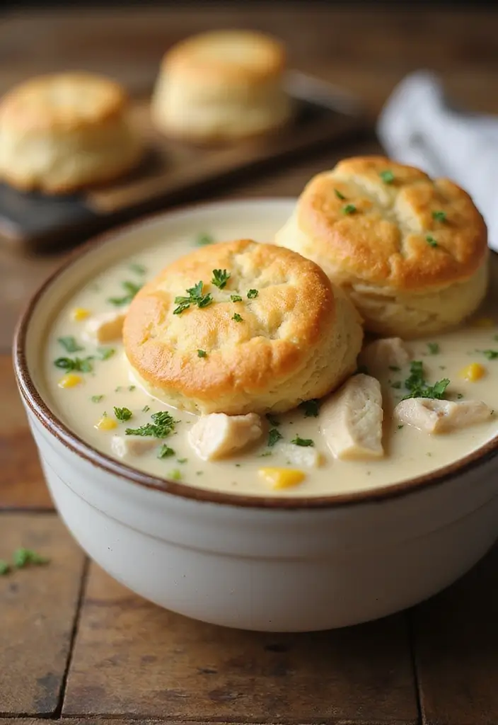 27 Easy Chicken Pot Pie Soup Recipes That Feel Comforting - 3. Chicken Pot Pie Soup with Biscuits