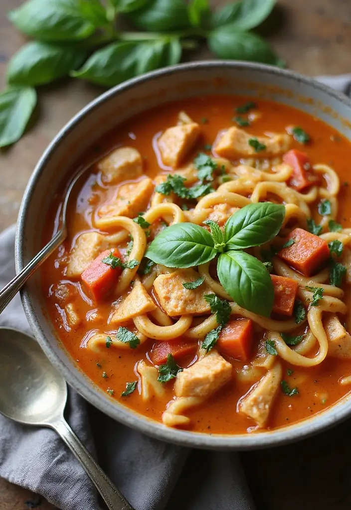 27 Simple Chicken Noodle Soup Recipe Versions That Comfort Instantly 11 27 Simple Chicken Noodle Soup Recipe Versions That Comfort Instantly - 10. Tomato Basil Chicken Noodle Soup