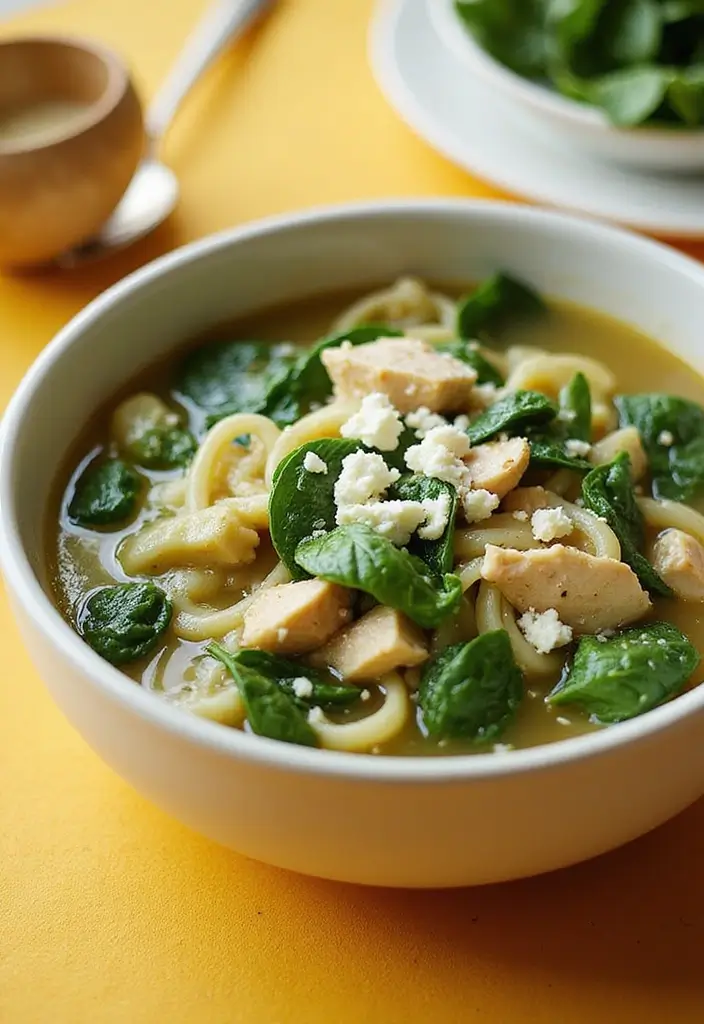 27 Simple Chicken Noodle Soup Recipe Versions That Comfort Instantly 10 27 Simple Chicken Noodle Soup Recipe Versions That Comfort Instantly - 9. Spinach and Feta Chicken Noodle Soup