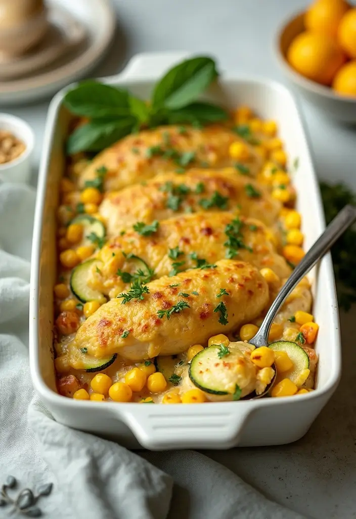 28 Cheesy Chicken and Rice Casserole Recipes That Scream Comfort - 28. Zucchini and Corn Chicken Casserole