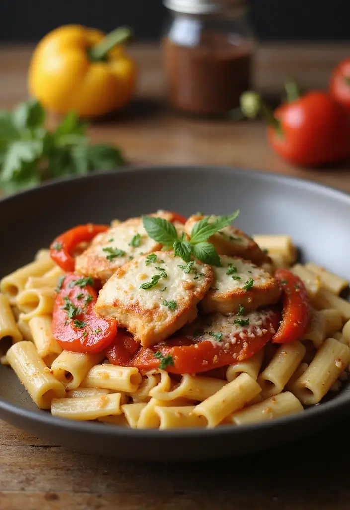 29 One Pot Chicken Parmesan Pasta Recipes That Are Cheesy & Perfect 18 29 One Pot Chicken Parmesan Pasta Recipes That Are Cheesy & Perfect - 17. One Pot Chicken Parmesan Pasta with Roasted Red Peppers