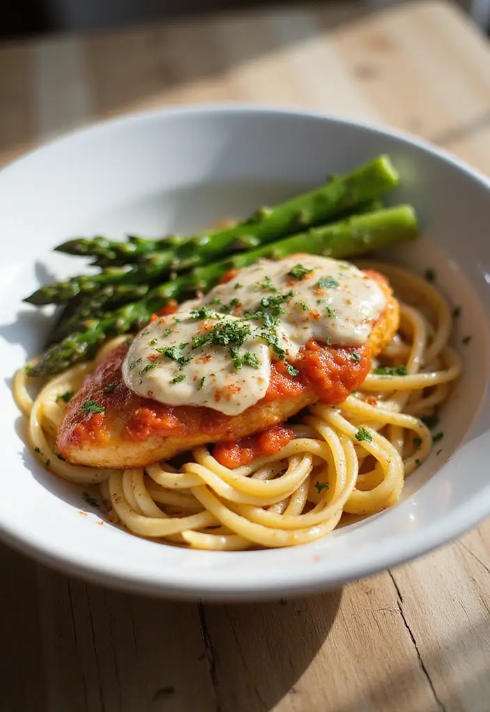 29 One Pot Chicken Parmesan Pasta Recipes That Are Cheesy & Perfect 19 29 One Pot Chicken Parmesan Pasta Recipes That Are Cheesy & Perfect - 18. One Pot Chicken Parmesan Pasta with Asparagus