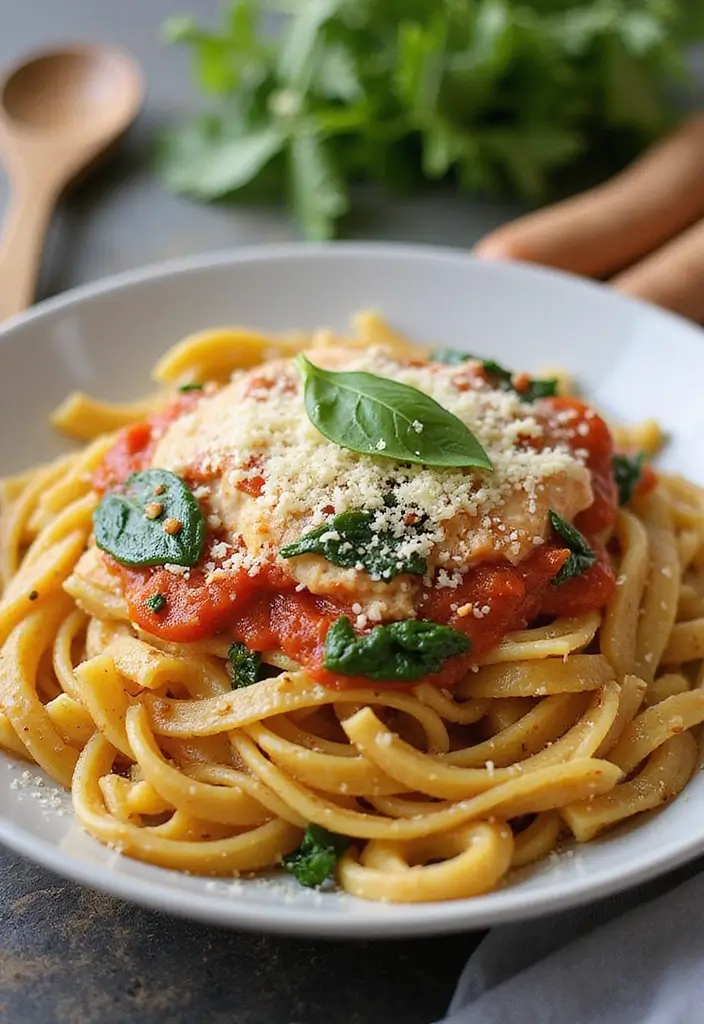 29 One Pot Chicken Parmesan Pasta Recipes That Are Cheesy & Perfect 5 29 One Pot Chicken Parmesan Pasta Recipes That Are Cheesy & Perfect - 4. One Pot Chicken Parmesan Pasta with Spinach