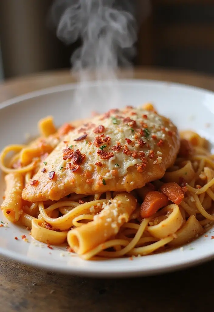 29 One Pot Chicken Parmesan Pasta Recipes That Are Cheesy & Perfect 7 29 One Pot Chicken Parmesan Pasta Recipes That Are Cheesy & Perfect - 6. Spicy One Pot Chicken Parmesan Pasta