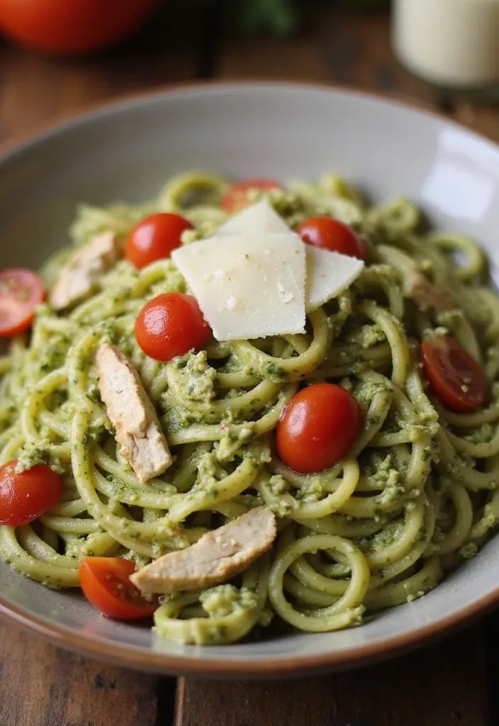 29 Shredded Chicken Breast Recipes That Are Versatile & Juicy - 28. Shredded Chicken Pesto Pasta