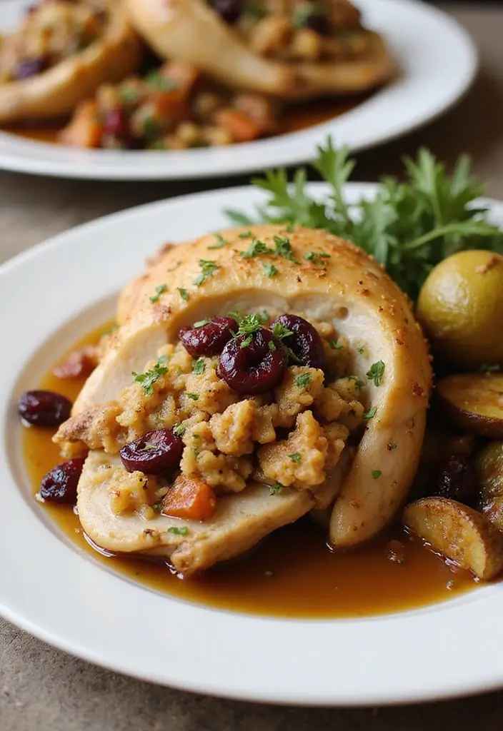 29 Stuffed Chicken Breast with Stuffing Recipes That Are Festive & Cozy - 21. Savory Stuffing and Cranberry Stuffed Chicken