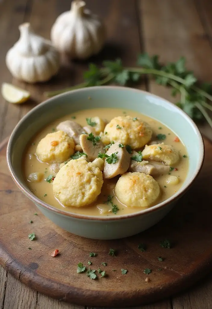 30 Chicken Stew with Dumplings Recipes That Are Old-Fashioned Delicious - 2. Creamy Garlic Chicken Stew with Cheddar Dumplings