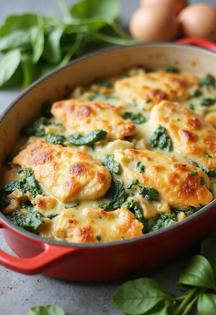 28 Easy Chicken Casserole Recipes with 4 Ingredients or Less 16 28 Easy Chicken Casserole Recipes with 4 Ingredients or Less - 15. One-Pan Chicken and Spinach Casserole