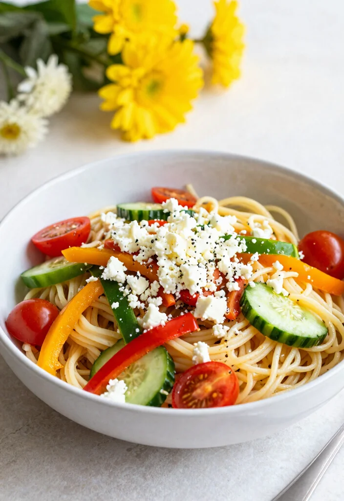 16 Cold Spaghetti Salad Recipes: Refreshing Potluck Dishes - 16. Cold Spaghetti Salad with Veggies and Feta 1