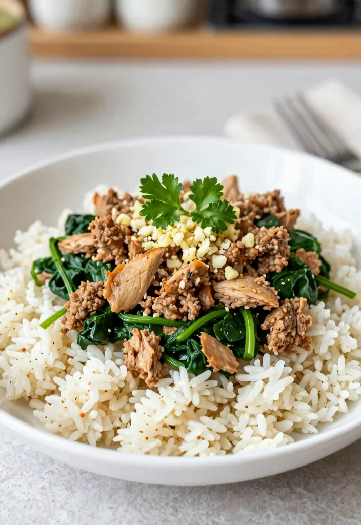 18 Ground Turkey and Rice Recipes: Simple Comfort Bowls - 9. Garlic Turkey and Rice Bowl with Spinach 1