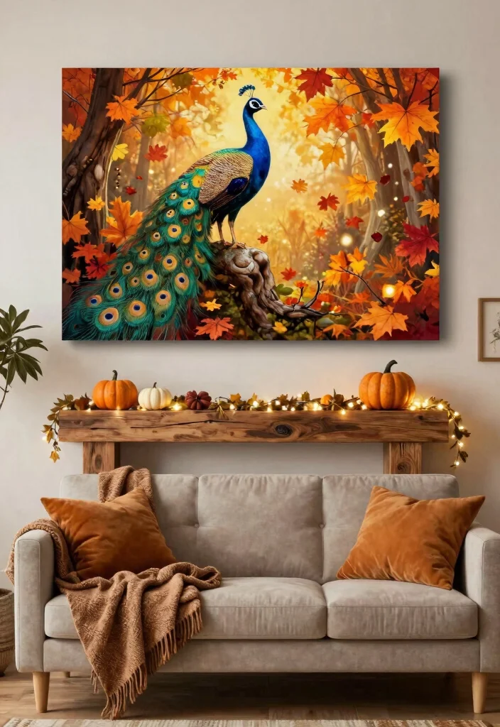 16 Peacock Wall Art Ideas With Bold Elegant Vibes - 13. Seasonal Peacock Decor 1