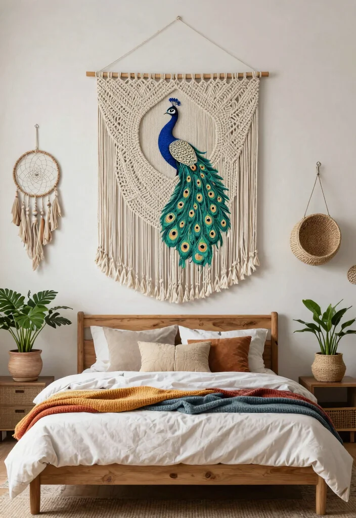16 Peacock Wall Art Ideas With Bold Elegant Vibes - 2. Bohemian Macramé Wall Hangings 1