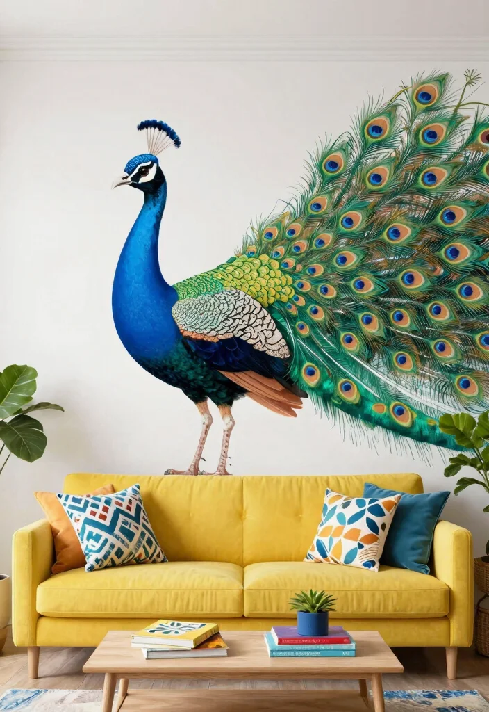 16 Peacock Wall Art Ideas With Bold Elegant Vibes - 5. Colorful Mural Designs 1