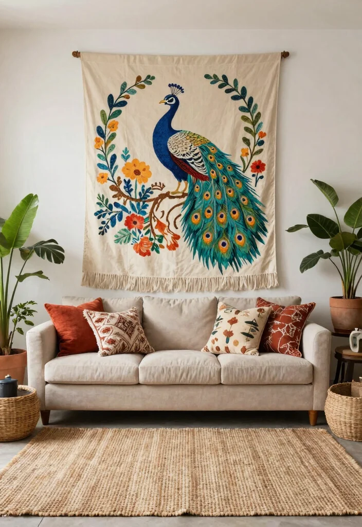 16 Peacock Wall Art Ideas With Bold Elegant Vibes - 7. Textile Wall Hanging 1