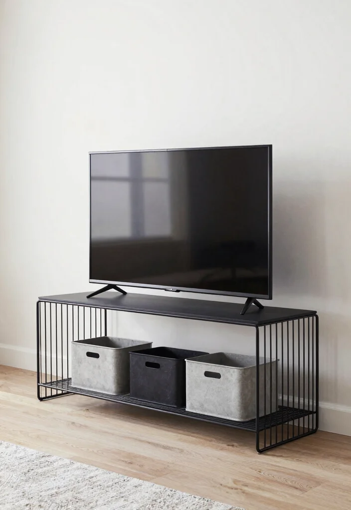 16 TV Unit Table Design Ideas With Functional Elegance 14 16 TV Unit Table Design Ideas With Functional Elegance - 13. Minimalist Wire Frame Stands 1