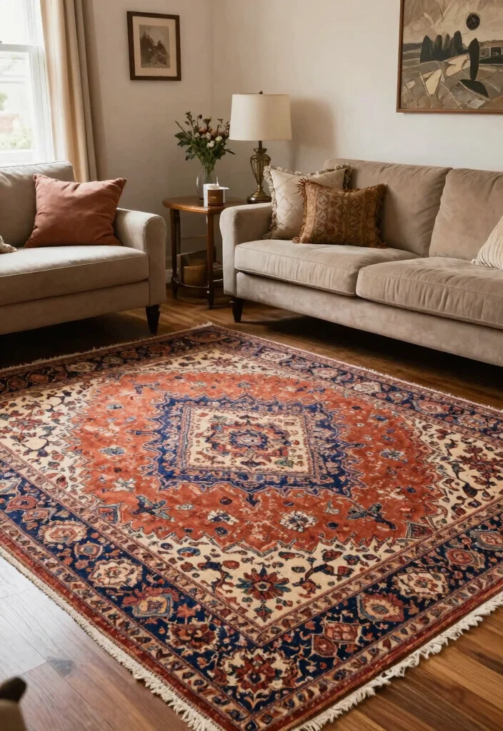 17 Carpet Placement Living Room Ideas That Define the Space - 11. Vintage Charm: Rugs with History 1