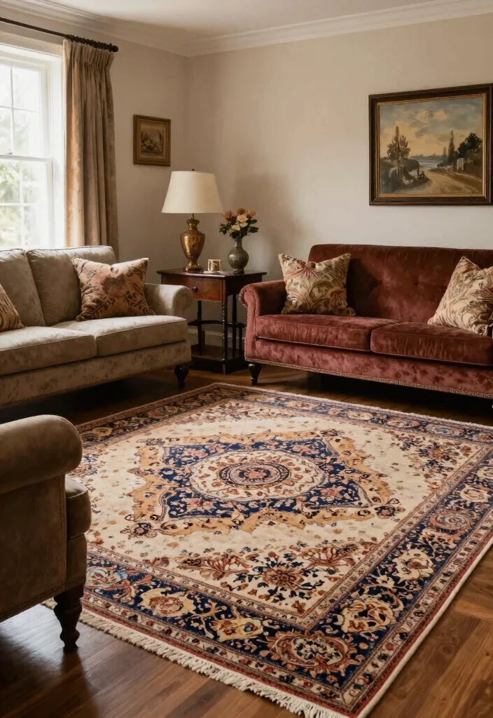 17 Carpet Placement Living Room Ideas That Define the Space - 17. Timeless Elegance: Classic Designs 1