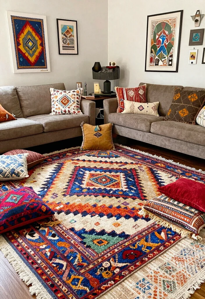 17 Carpet Placement Living Room Ideas That Define the Space - 7. Eclectic Mix: Different Textures and Patterns 1