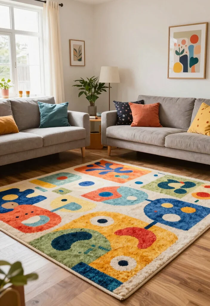 17 Carpet Placement Living Room Ideas That Define the Space - 9. Playful Patterns: Fun and Whimsy 1