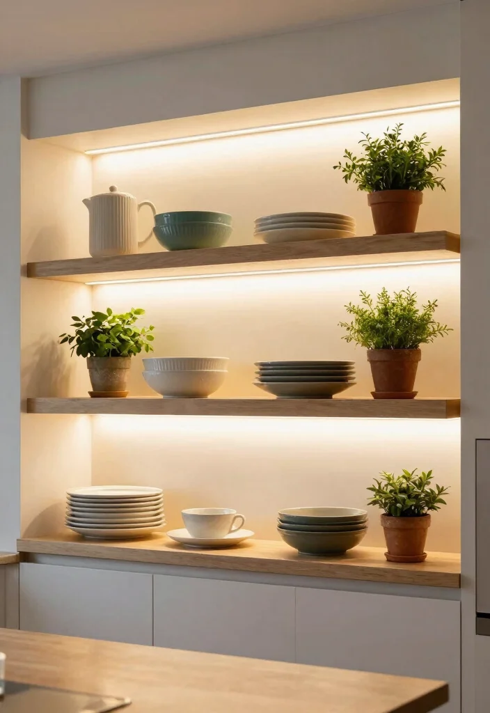17 Under Cabinet Shelf Ideas That Maximize Storage - 12. Under-Cabinet Lighting with Shelves 1