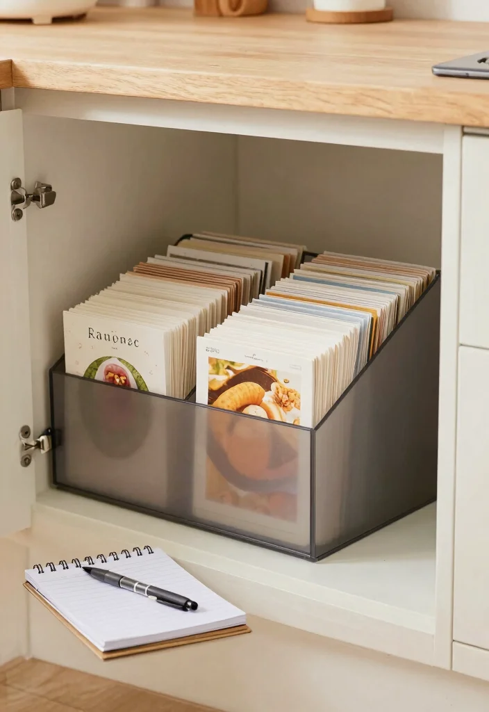 17 Under Cabinet Shelf Ideas That Maximize Storage - 16. Under-Cabinet File System for Recipes 1