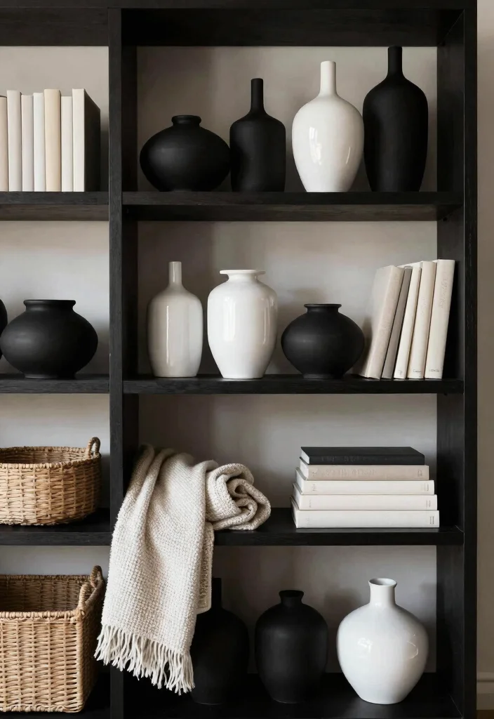 18 Black and White Bookshelf Ideas With Bold Contrast - 1. Layered Monochrome Textures 1