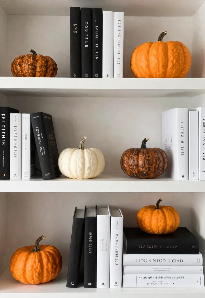 18 Black and White Bookshelf Ideas With Bold Contrast - 15. Seasonal Updates 1