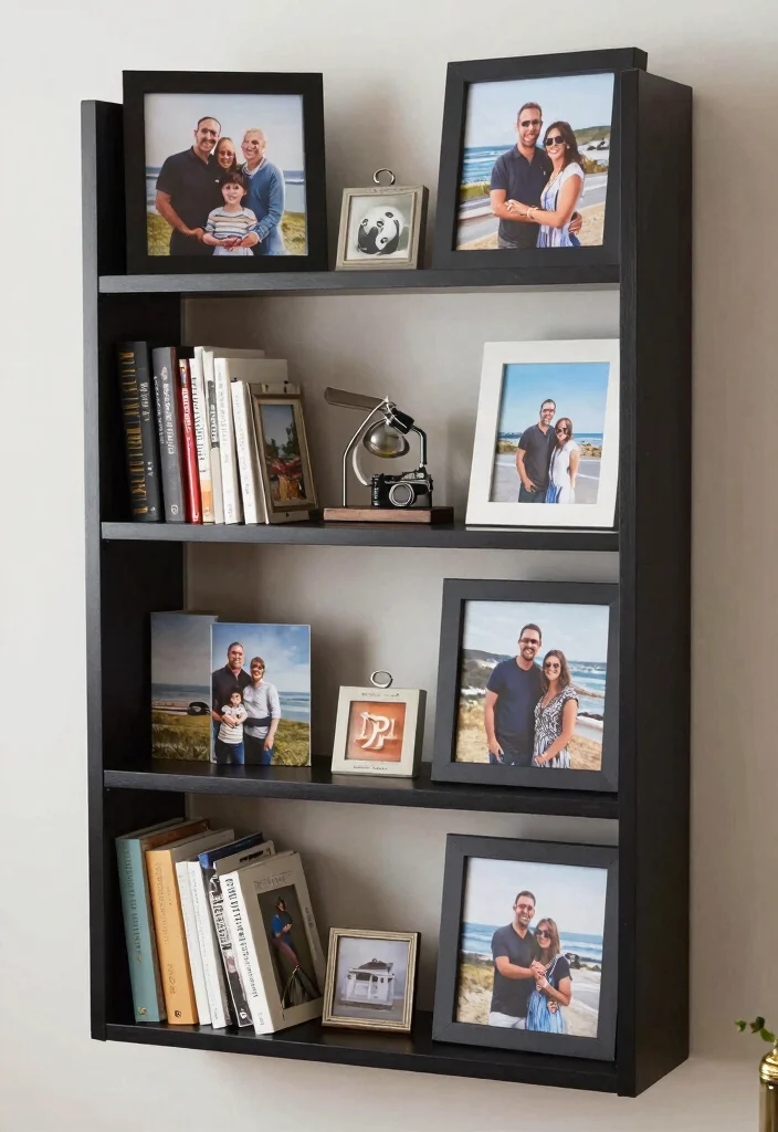 18 Black and White Bookshelf Ideas With Bold Contrast - 16. Personal Touches 1