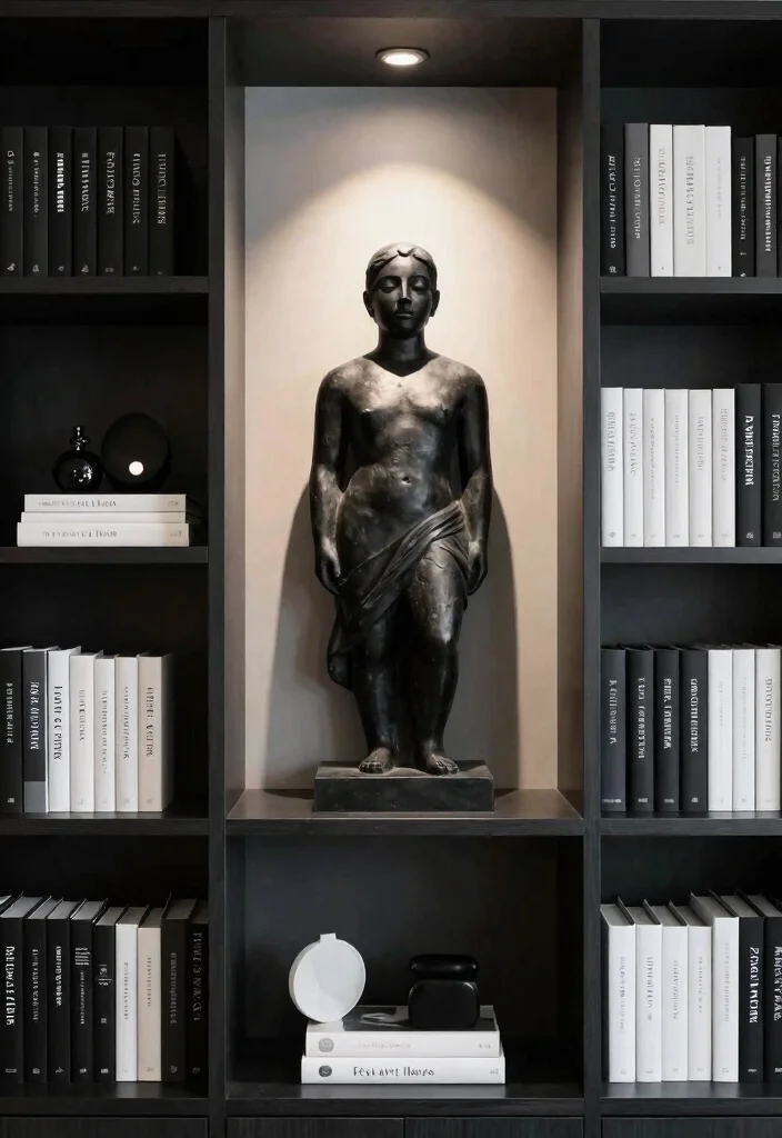 18 Black and White Bookshelf Ideas With Bold Contrast - 3. Bold Statement Pieces 1