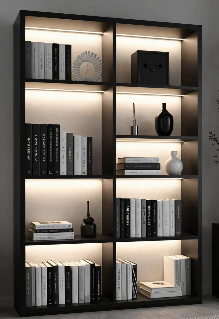 18 Black and White Bookshelf Ideas With Bold Contrast - 6. Integrated Lighting 1