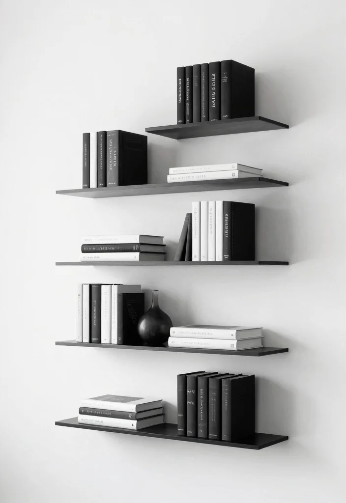18 Black and White Bookshelf Ideas With Bold Contrast - 7. Wall-Mounted Bookshelves 1