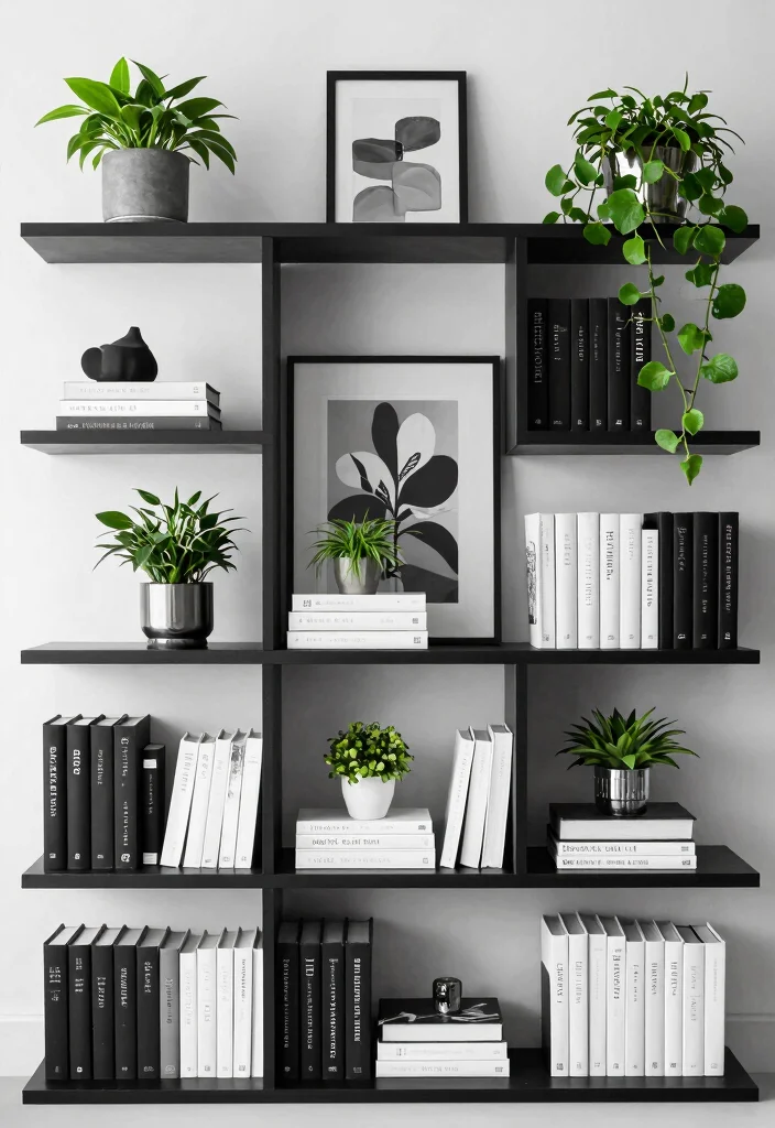 18 Black and White Bookshelf Ideas With Bold Contrast - 8. Mixed Media Displays 1
