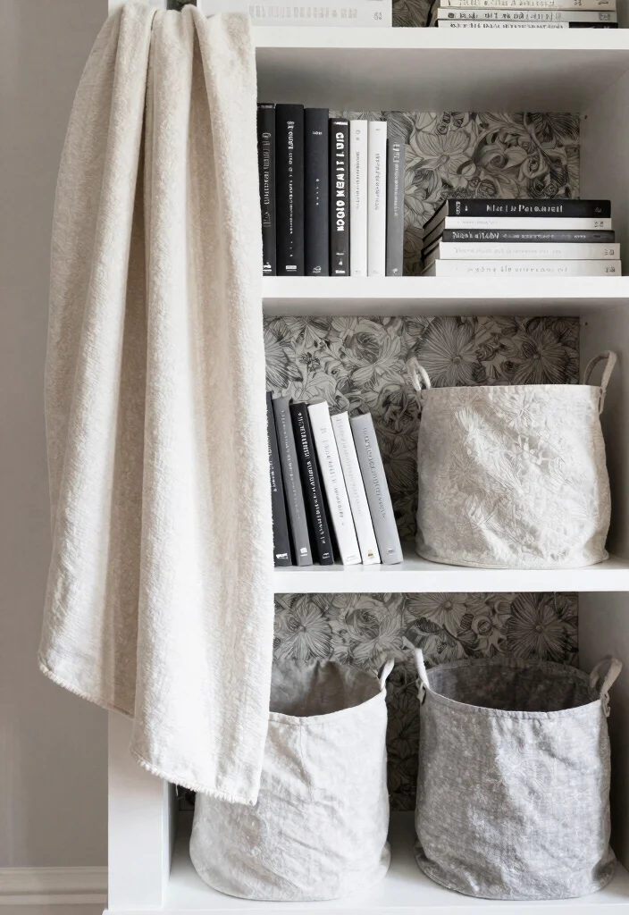 18 Black and White Bookshelf Ideas With Bold Contrast - 9. Bookshelf Styling with Textiles 1