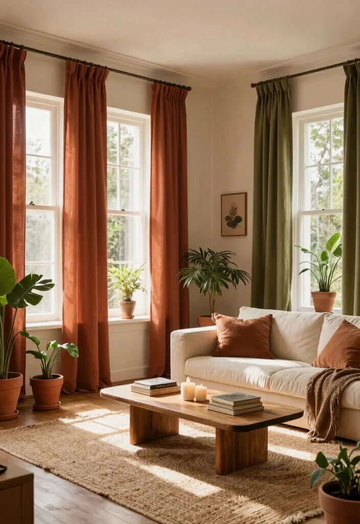 18 Curtains Color Combinations Ideas That Elevate Any Room - 1. Earthy Terracotta and Olive 1