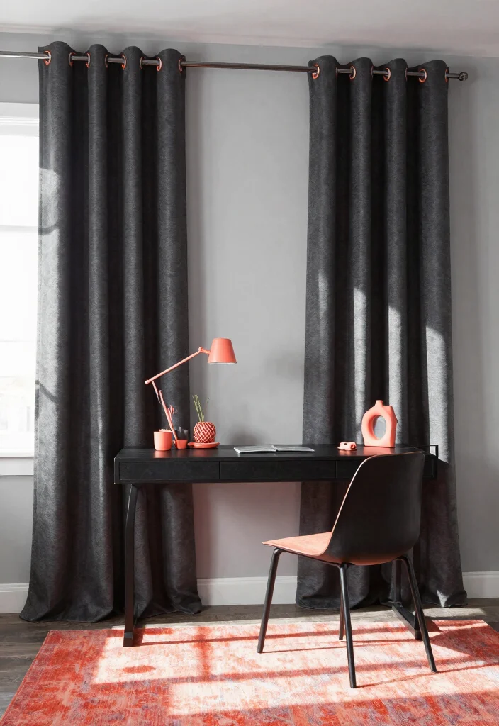18 Curtains Color Combinations Ideas That Elevate Any Room - 12. Dark Charcoal and Bright Coral 1