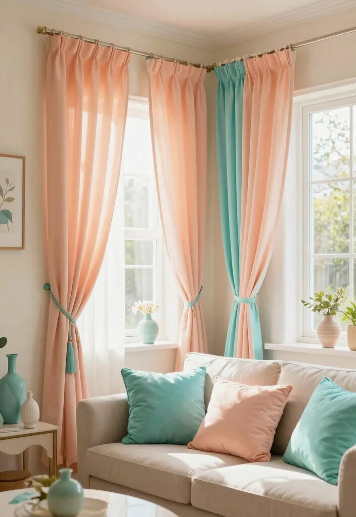 18 Curtains Color Combinations Ideas That Elevate Any Room - 13. Peach and Aqua 1