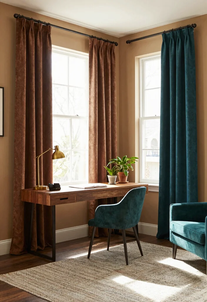 18 Curtains Color Combinations Ideas That Elevate Any Room - 4. Rustic Brown and Deep Teal 1