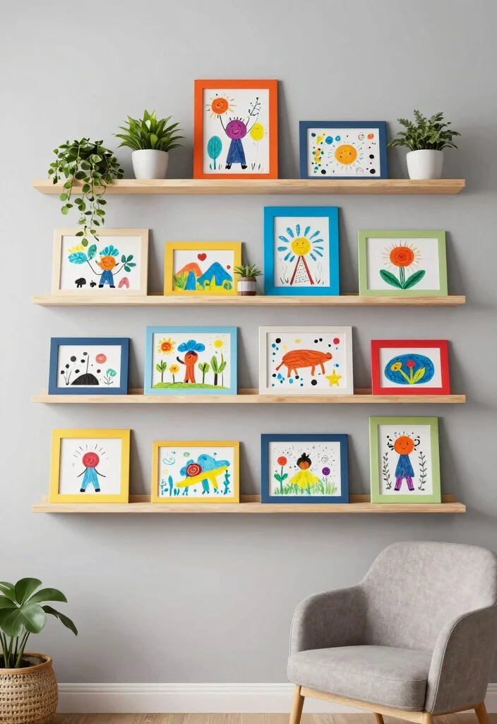 18 Kids Art Wall Display Ideas That Showcase Creativity - 14. Art in a Floating Shelf Display 1