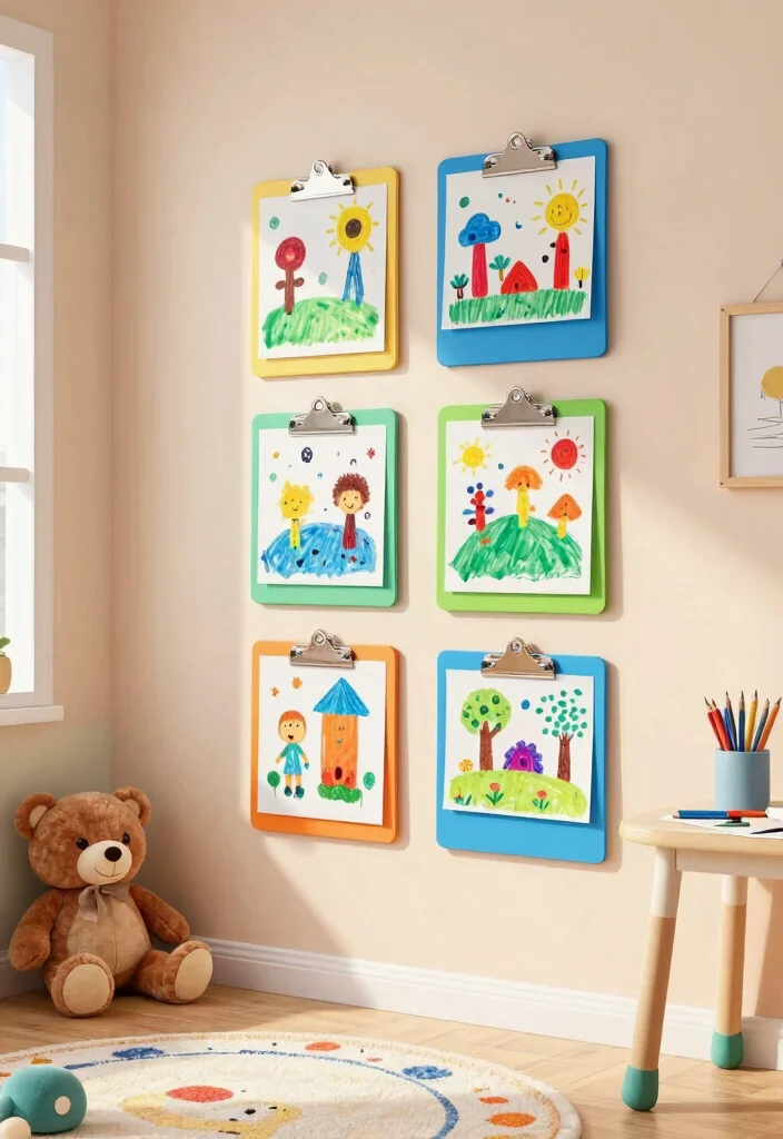 18 Kids Art Wall Display Ideas That Showcase Creativity - 2. Clipboards for Easy Rotation 1