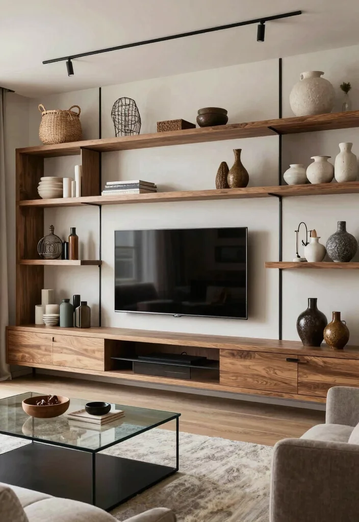 18 TV Wall Shelf 2026 Trending Ideas With Sleek Modern Style - 16. Layered Textures on Shelves 1